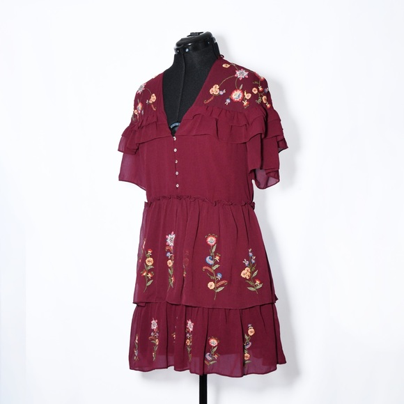 Zara Burgundy Embroidered Mini Dress V-Neck Ruffle Sleeves - Picture 8 of 9